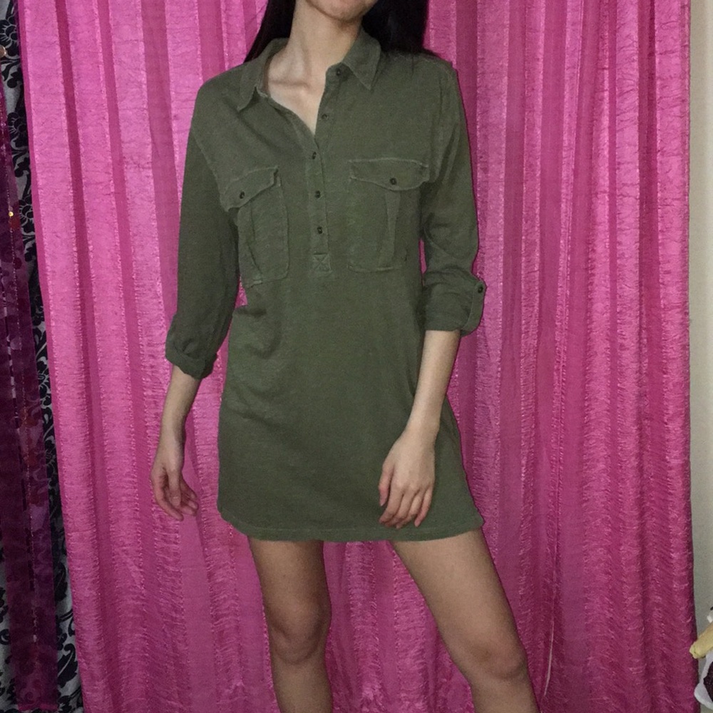 Green Army Dress Pocket Front Cute Casual Grunge